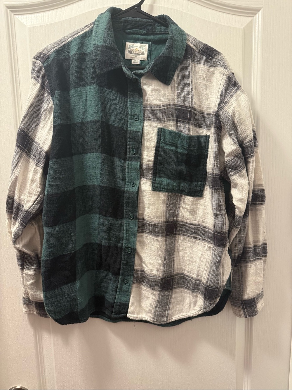 American Eagle Outfitters Green and White Split Plaid Button-Down Shirt